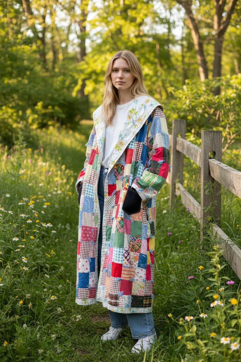 Boho Patchwork Quilt Duster Recycled Quilt Coat Oversized Hippie Jacket Sustainable Slow Fashion Clothing