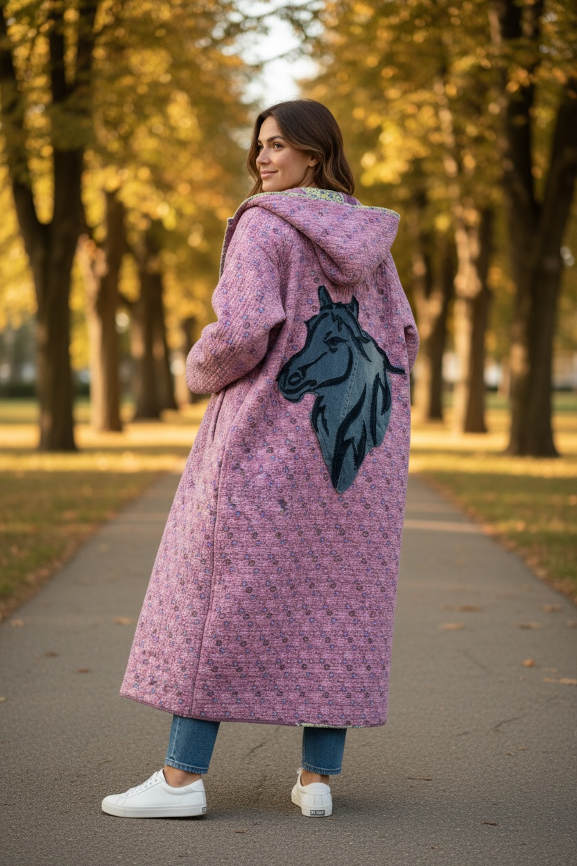Upcycled Boho Blanket Coat Handmade Denim Horse On Back Oversized Slow Fashion